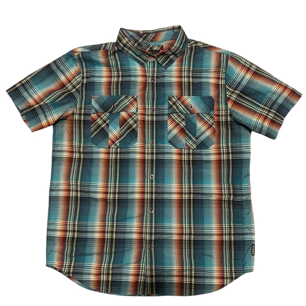 Prana Mens Button up Plaid Western Shirt Short Sleeve sz L Blue